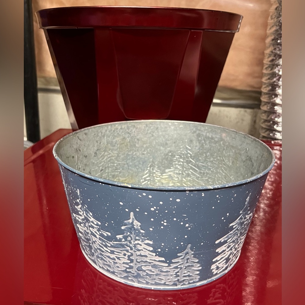 Large Flower Pots Planters Red Plastic and Blue White Tin w/ Trees Houseplants